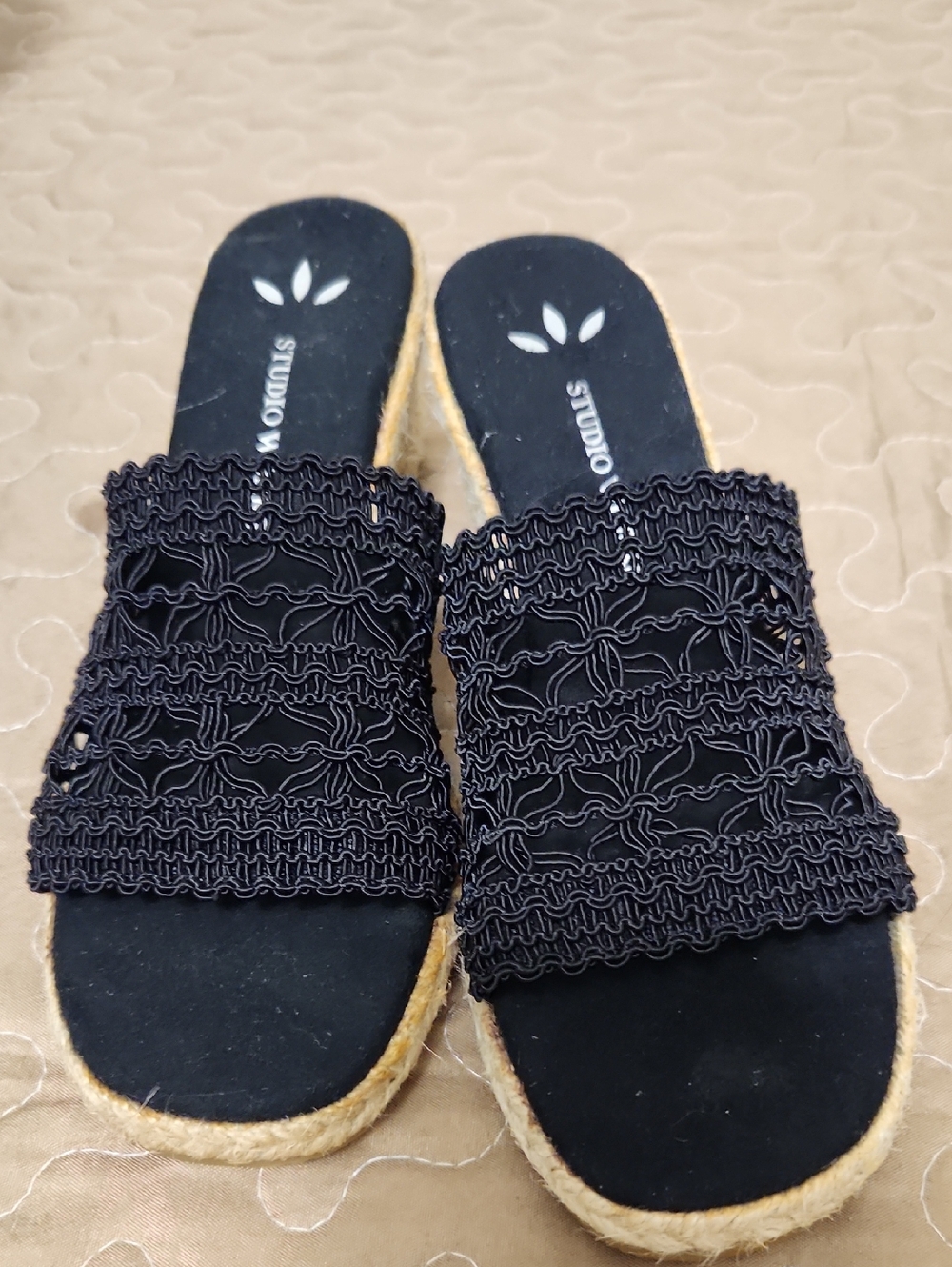 Studio Black Crochet Espadrille Mule Slides